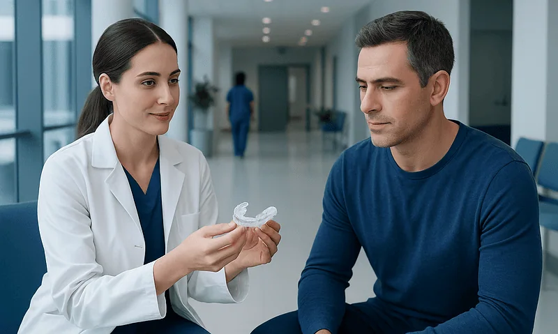 Medical professional explains sleep apnea mouth guard to patient in hospital corridor.