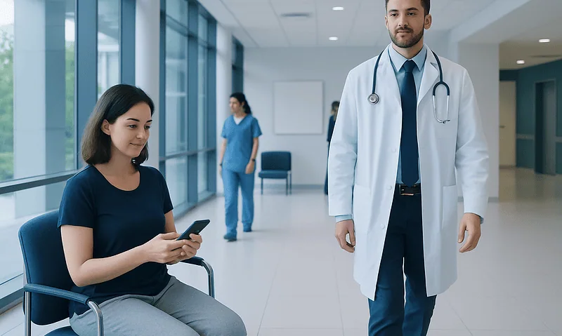 Patient using smartphone in hospital corridor with doctor nearby.