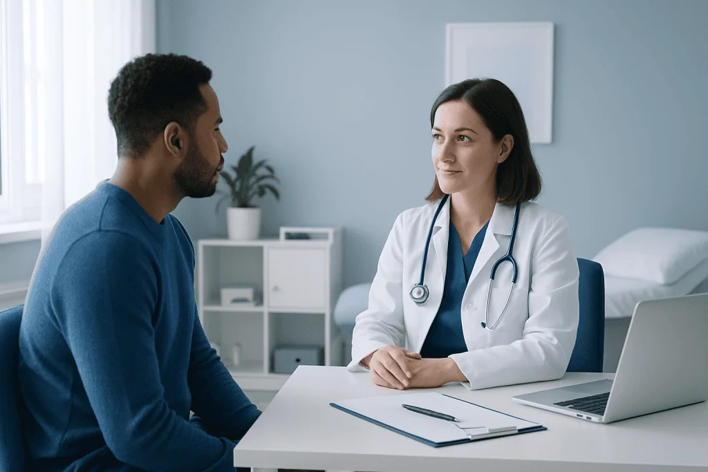 Doctor consulting with a patient in a modern medical office.