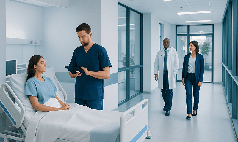 Hospital room with patient and medical staff at Acibadem Hospitals Group.
