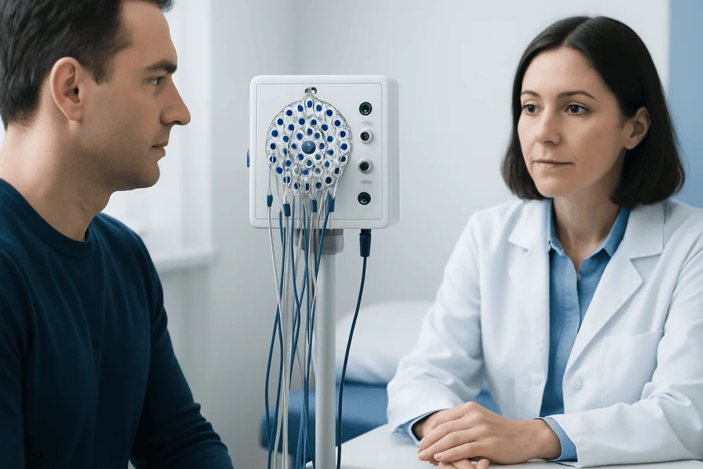 Patient undergoing nerve conduction study with a neurologist in a clinical setting.