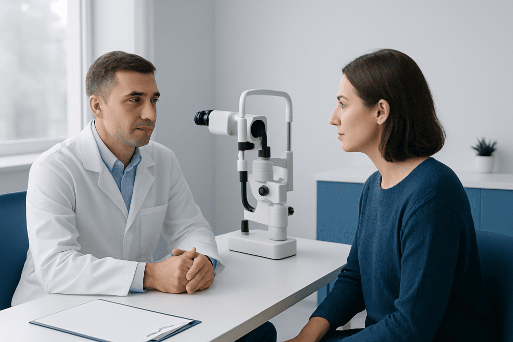 Ophthalmologist examining a patient with a slit lamp in a modern clinic.