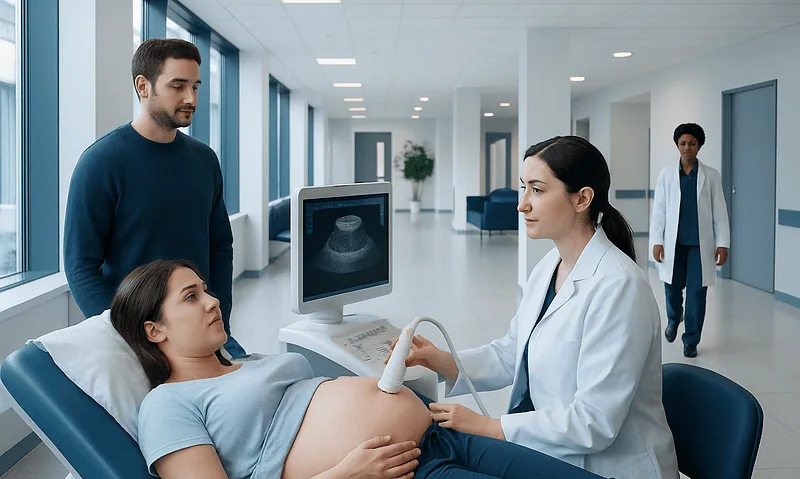 Pregnant woman having an ultrasound at Acibadem Hospital with medical staff.