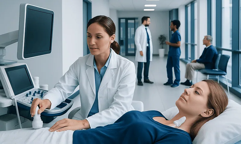 Medical professional performing an ultrasound on a patient in a hospital corridor.