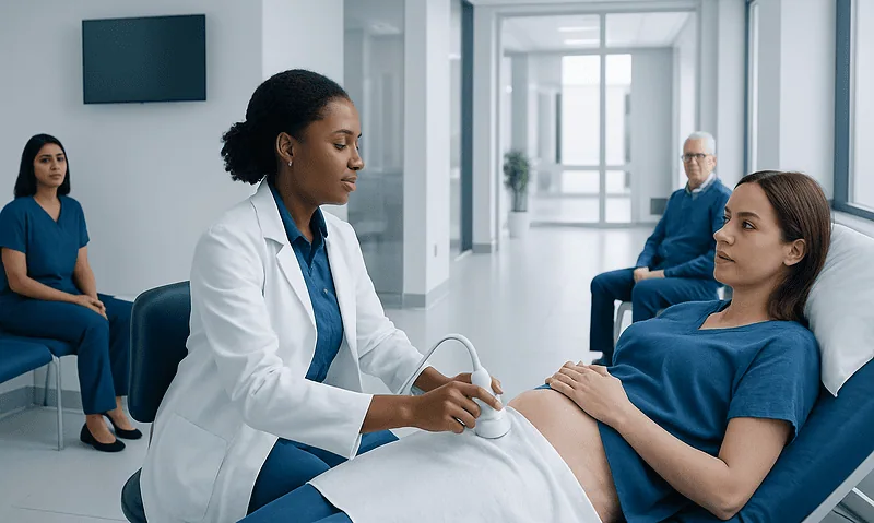 Doctor performing sonohysterogram on patient in hospital setting.