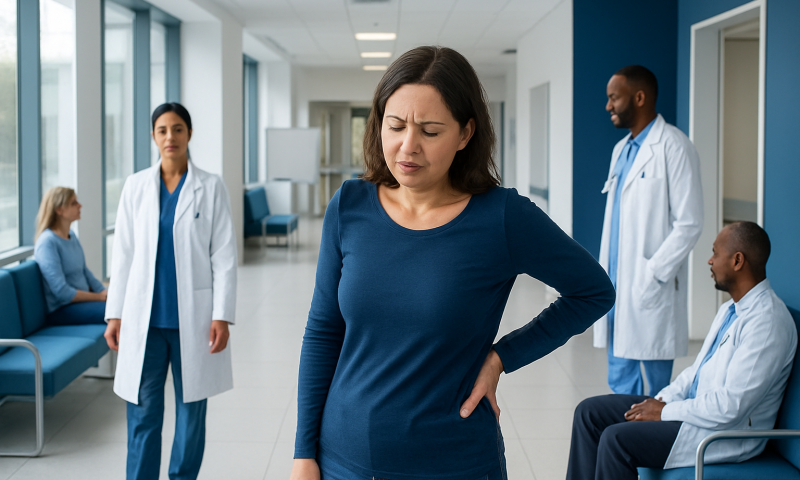 Woman with back pain holding her side in a hospital corridor.