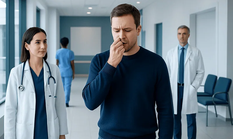Man with nose pain in hospital corridor with medical staff nearby.