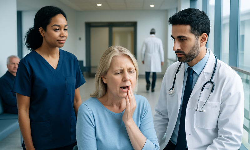 Patient with sore on side of tongue consulting doctors in hospital.