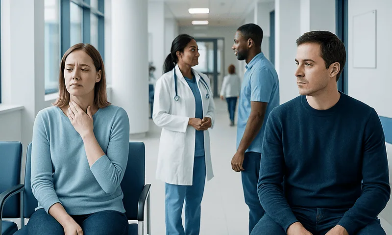 Patient experiencing sore throat in hospital waiting area with medical staff nearby.