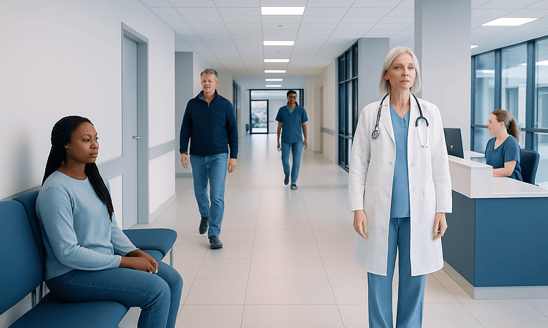 Healthcare professionals and patients in a modern hospital corridor.