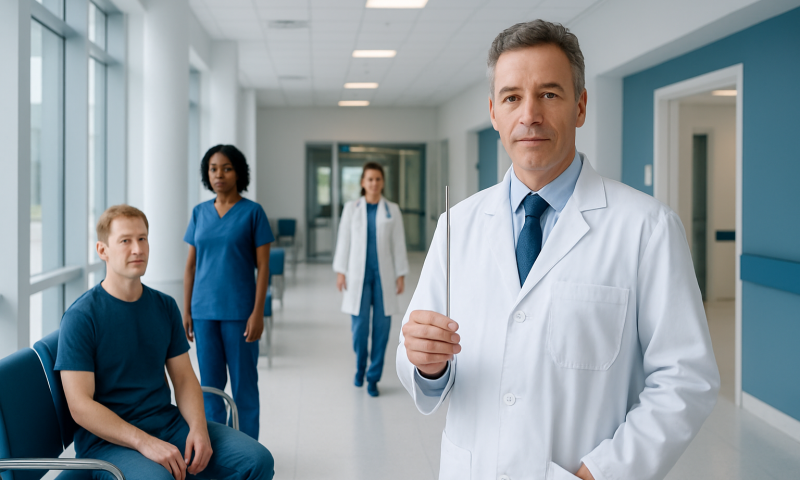 Medical team in hospital corridor with doctor and patients.