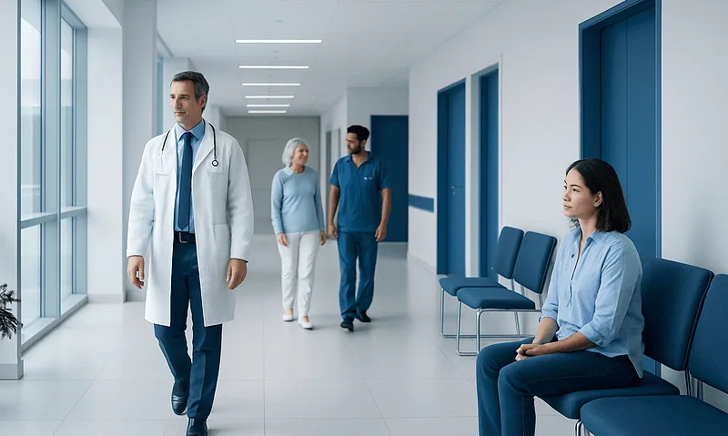 Medical professionals and patient in hospital corridor at Acibadem Hospitals Group.