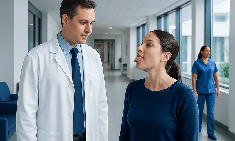 Doctor and patient having a consultation in a hospital corridor.