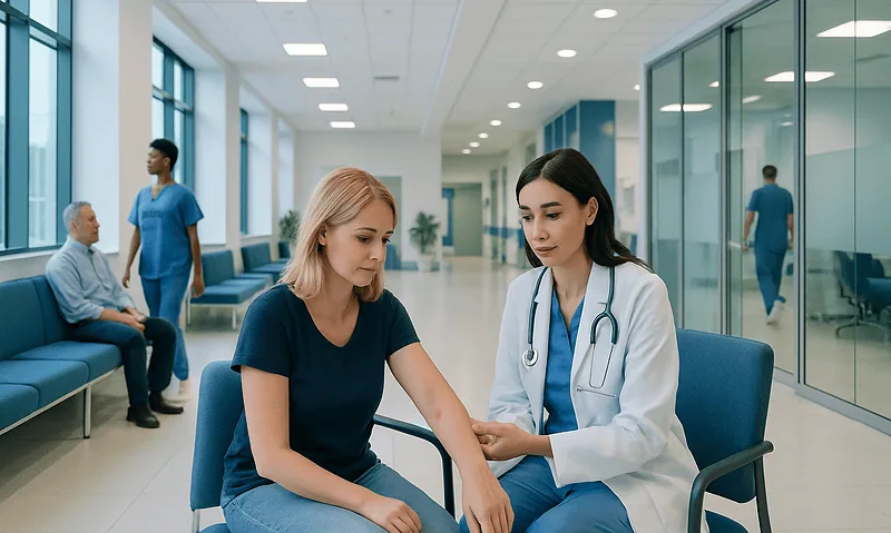 Doctor examining patient's arm in a modern hospital corridor.