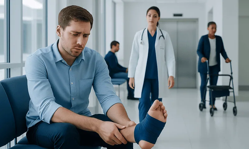 Patient with a sprained ankle receiving medical attention in hospital.