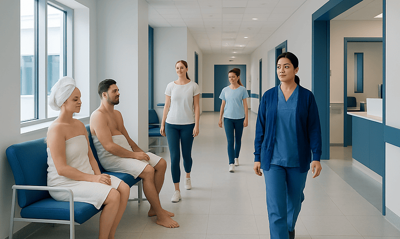 Patients in hospital corridor with medical staff at Acibadem Hospitals Group.