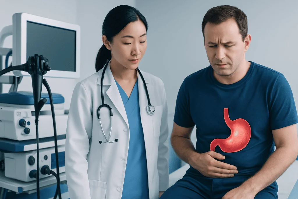 Doctor consulting with patient about stomach ulcer treatment options.
