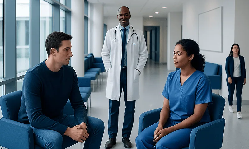 Doctor consulting with two patients in a hospital corridor.