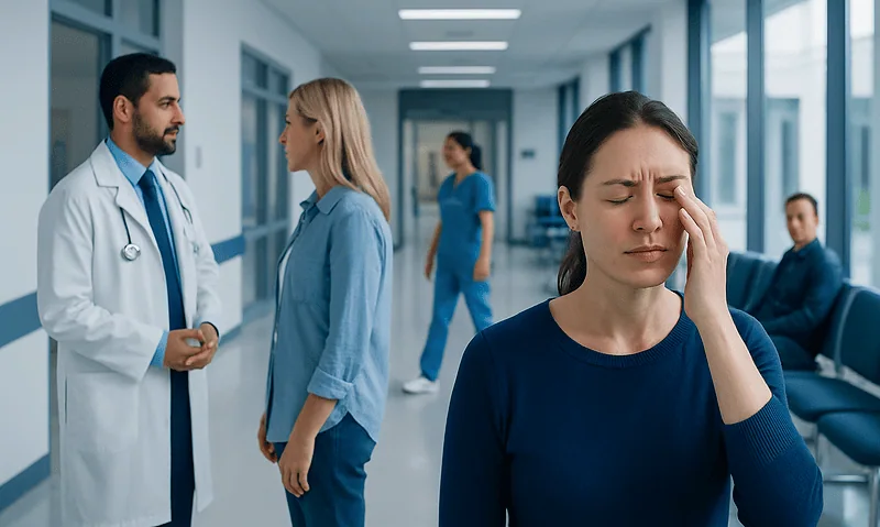 Woman with strained eyelid in hospital corridor with medical staff.