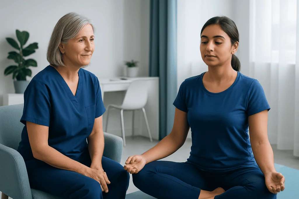 Young woman practicing meditation with a healthcare professional in a therapy session.