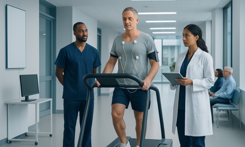Patient walking on treadmill during stress test at Acibadem Hospital.