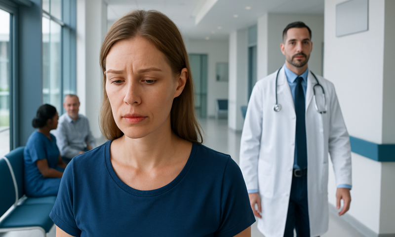 Woman with lip blister at a hospital, doctor in background.