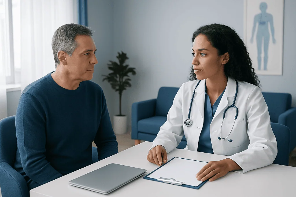 Doctor consulting with a male patient in a modern hospital room.