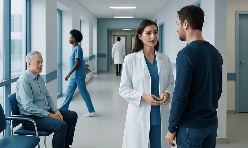 Doctor and patient discussing in hospital corridor with waiting area and staff in background.