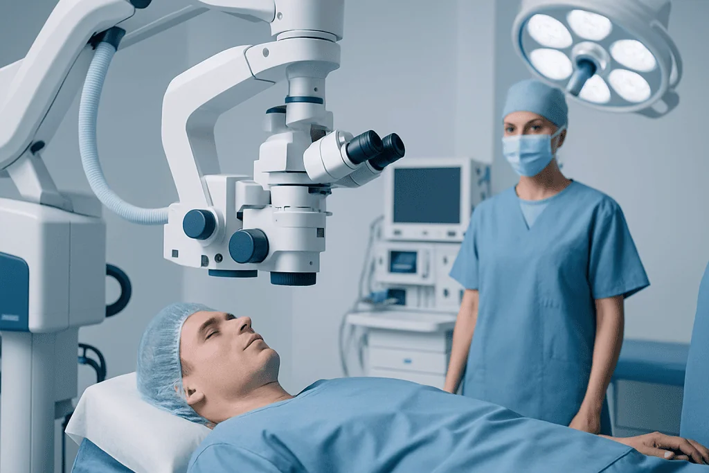 Surgeon and medical team preparing for surgery in an operating room.