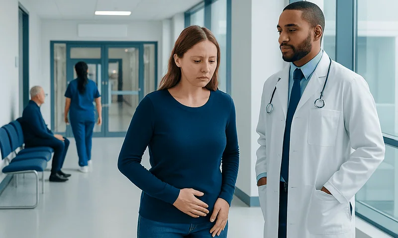 Patient consulting with doctor in hospital corridor.