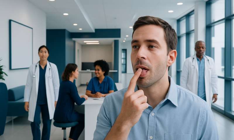 Man contemplating symptoms in a hospital waiting area with medical staff.