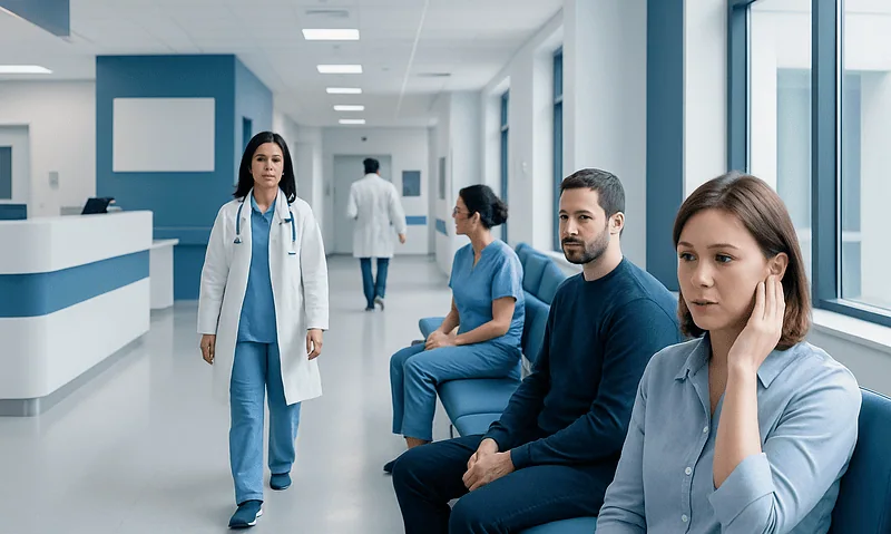 Patients waiting in a hospital corridor with medical staff nearby.
