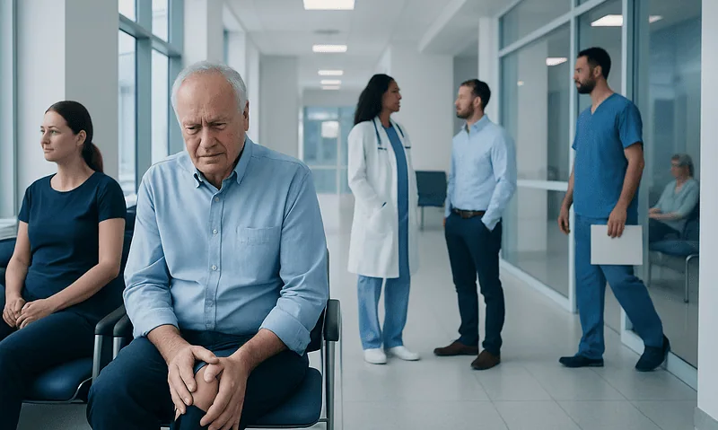 Patient experiencing knee pain in a hospital corridor with medical staff nearby.