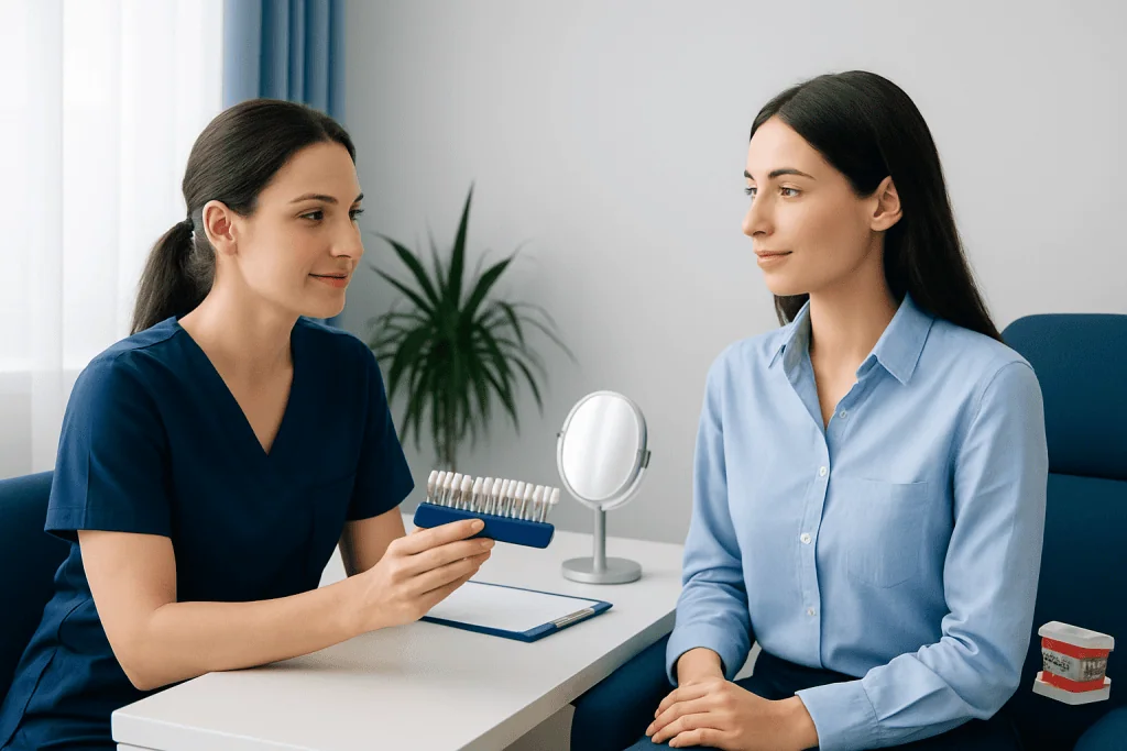 Dentist explaining teeth whitening options to patient in clinic.
