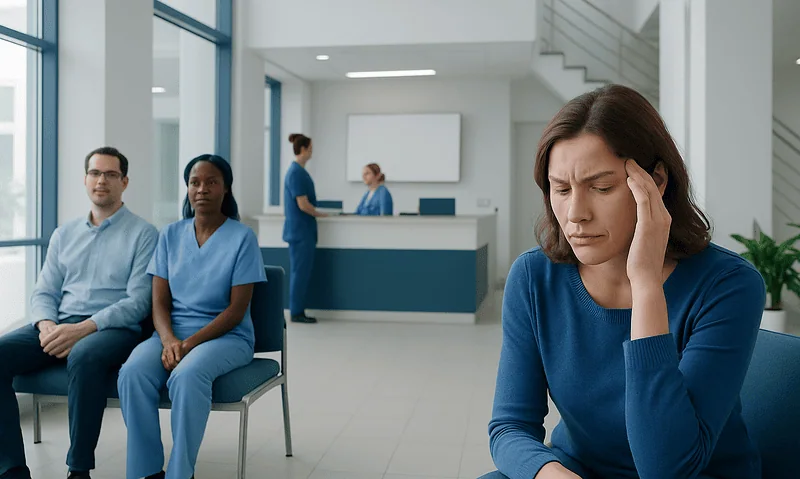 Woman experiencing headache in a hospital waiting area with medical staff nearby.