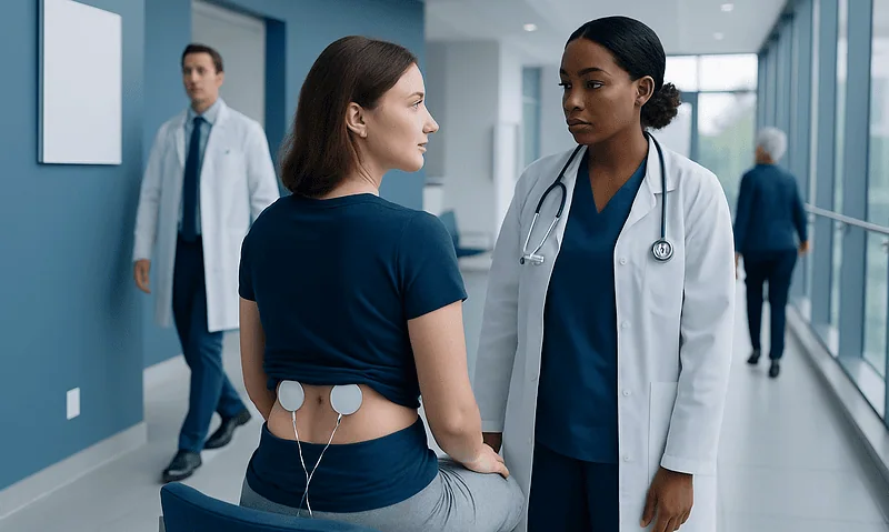 Medical professional explains Tens Unit to patient in hospital corridor.