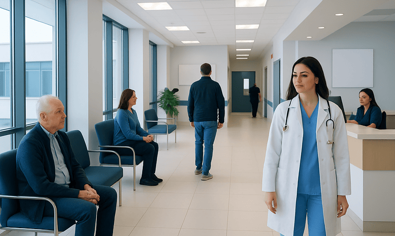 Medical staff and patients in a modern hospital waiting area in Turkey.