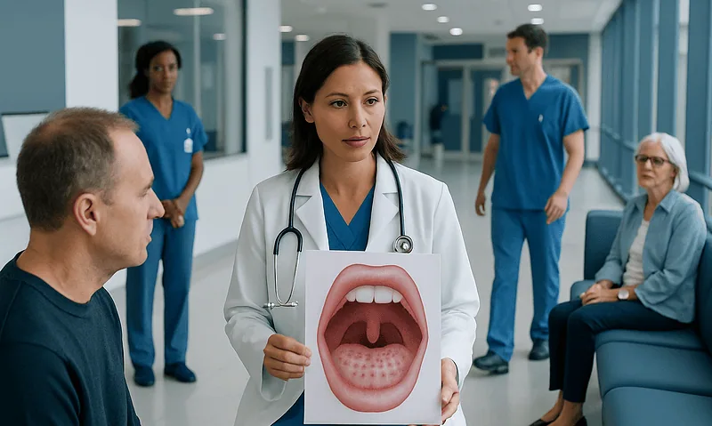 Doctor explaining throat examination to patient in hospital setting.