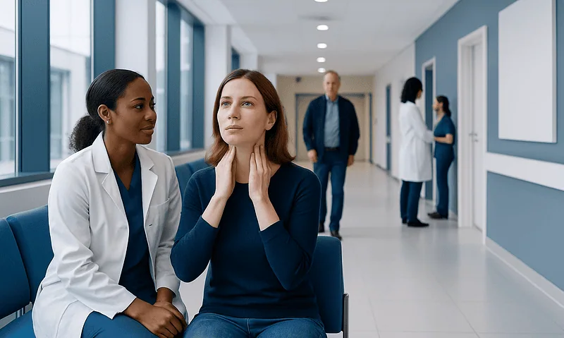 Patient consulting with doctor in hospital corridor.