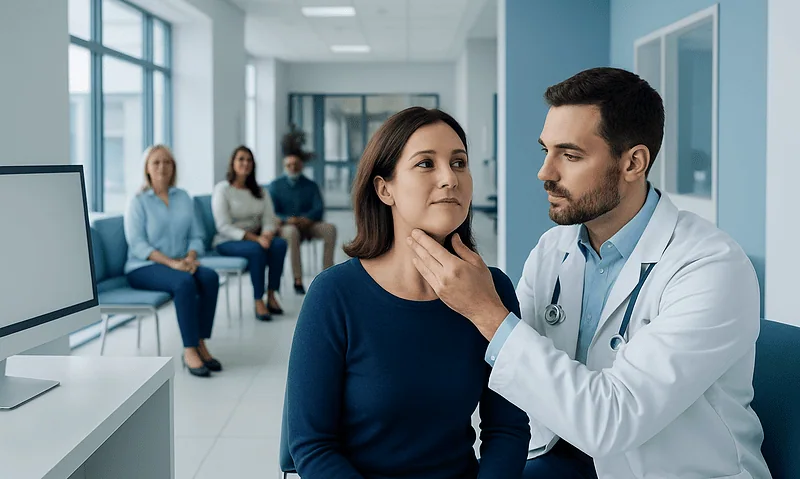 Doctor examining woman's neck in a medical consultation room.