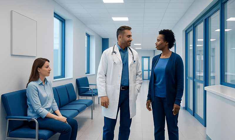 Doctor consulting with patient in hospital corridor.