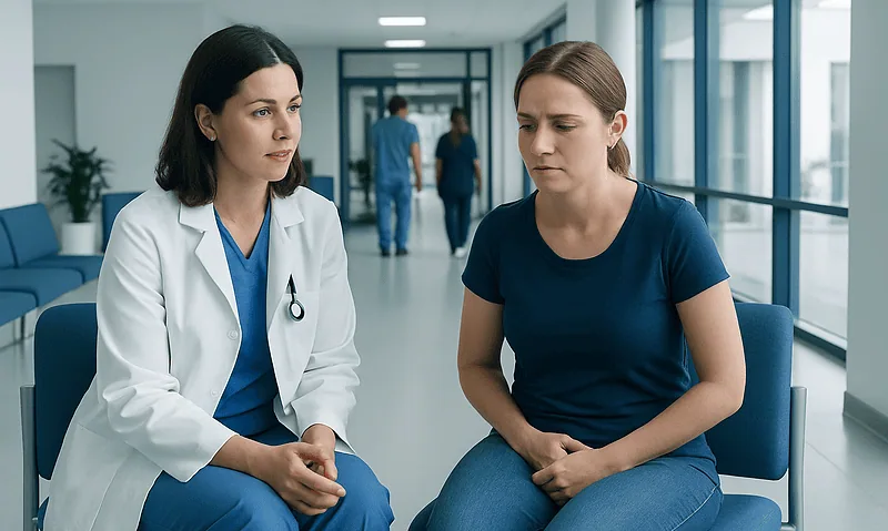 Doctor consulting a patient in a hospital corridor.