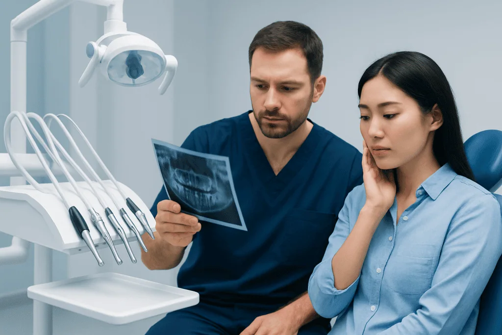 Dentist reviewing dental X-ray with patient in clinic.