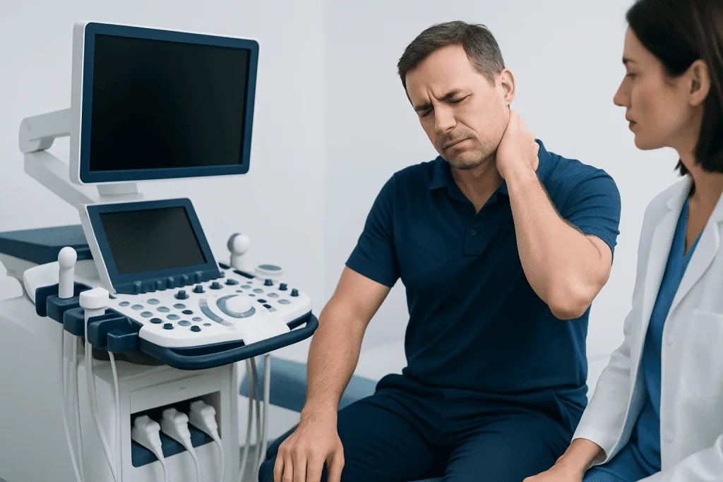 Patient experiencing neck pain during medical consultation at hospital.