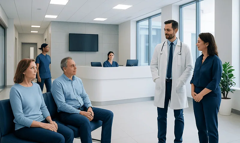 Doctor consulting patients in a modern hospital waiting area.