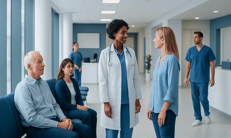 Healthcare professionals and patient in hospital corridor at Acibadem Hospitals Group.