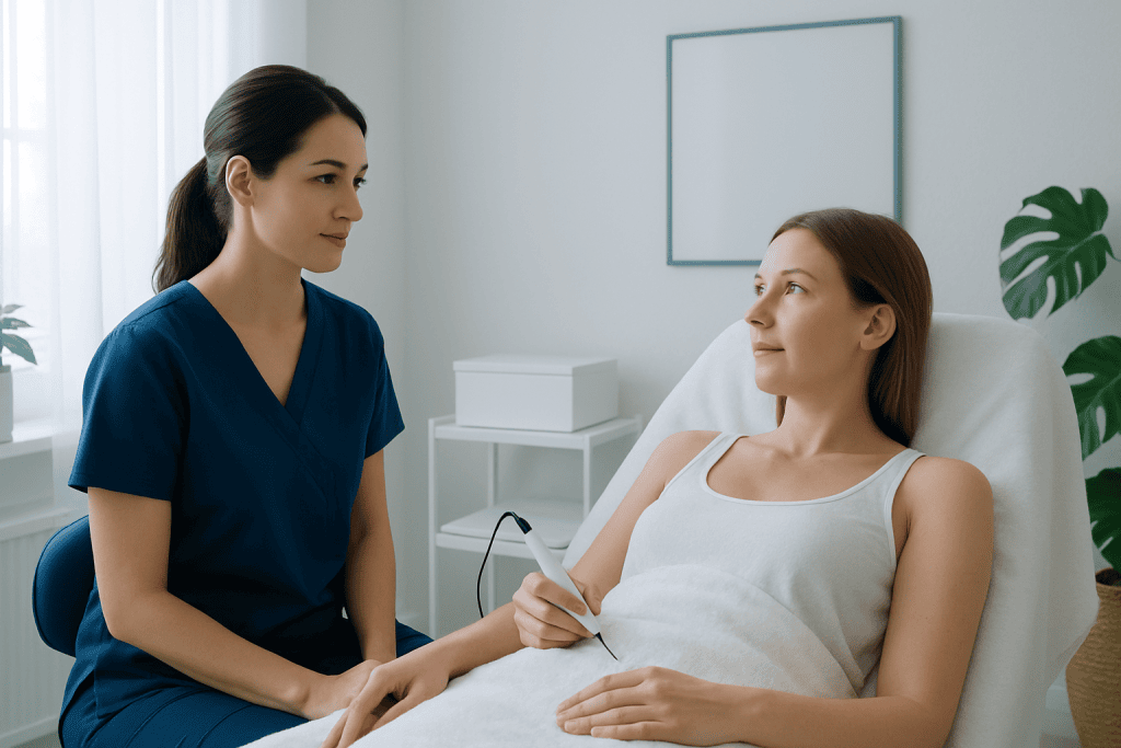 Medical consultation in a hospital room with a female patient and healthcare professional.