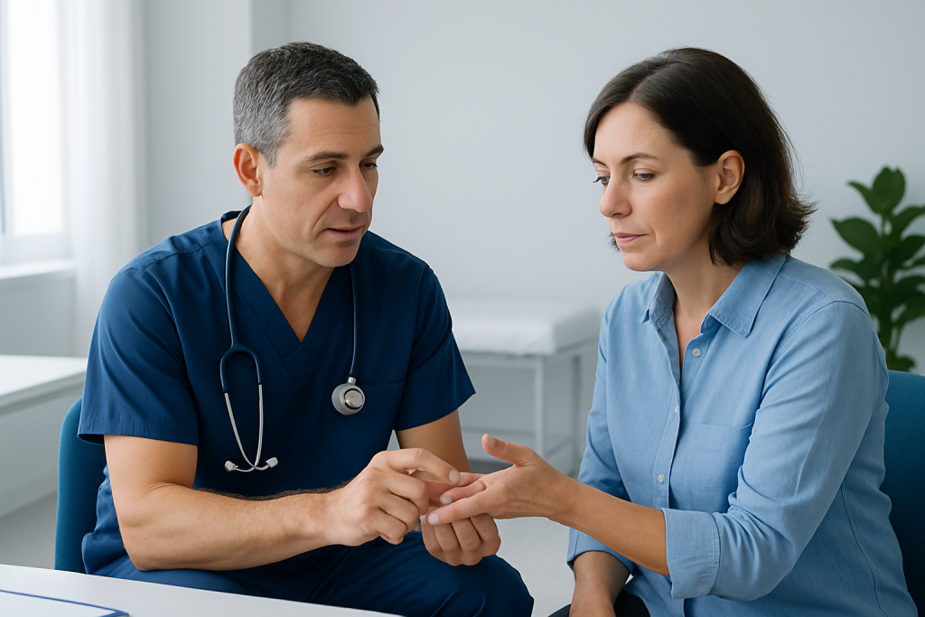 Doctor examining a patient's hand in a medical consultation room.