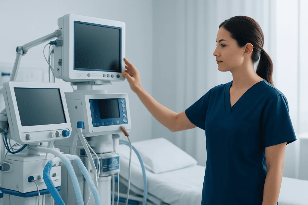 Healthcare professional adjusting medical monitors in hospital room.