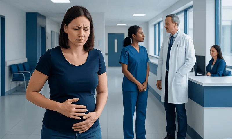 Woman with stomach pain in hospital corridor with medical staff.